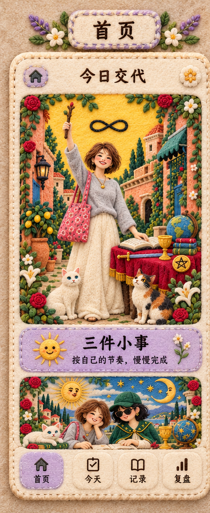今日交代。羊毛毡魔术师女孩与两只猫，三件小事：按自己的节奏，慢慢完成。下方两位朋友一起写清单。