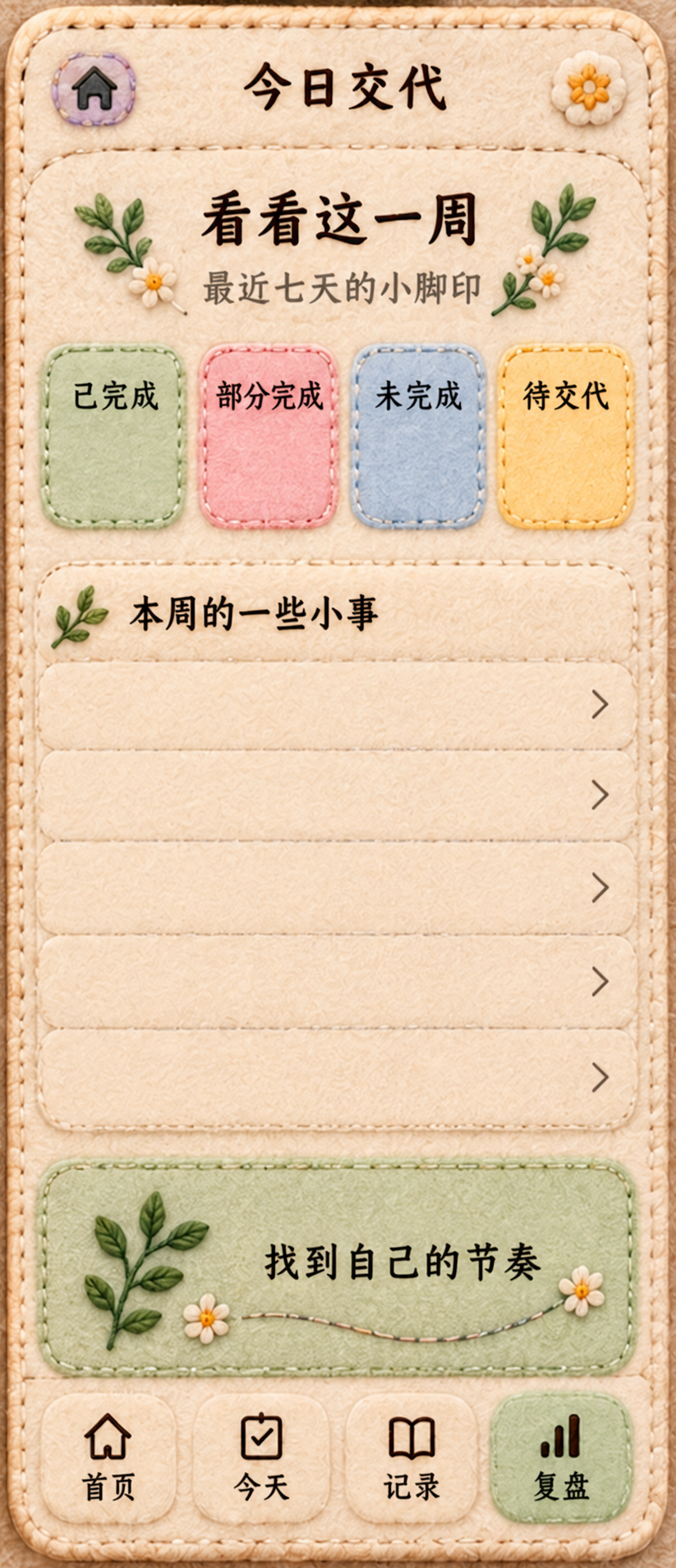 羊毛毡每周复盘，四块统计卡和五栏小事记录